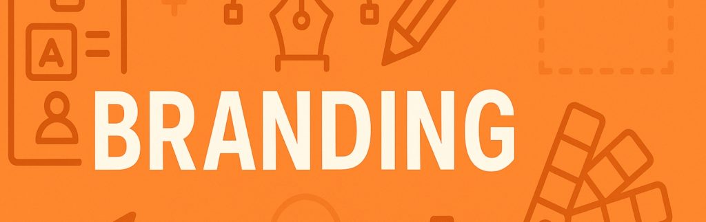 Branding banner met oranje achtergrond, grafische iconen zoals potlood, vector-tool en kleurstaal, en het woord ‘BRANDING’ centraal in beeld.