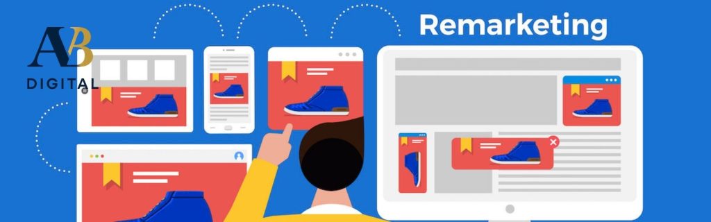 Illustratie van remarketing via Google Ads met banners die dezelfde advertentie tonen op meerdere websites, gericht op MKB in Noord-Nederland