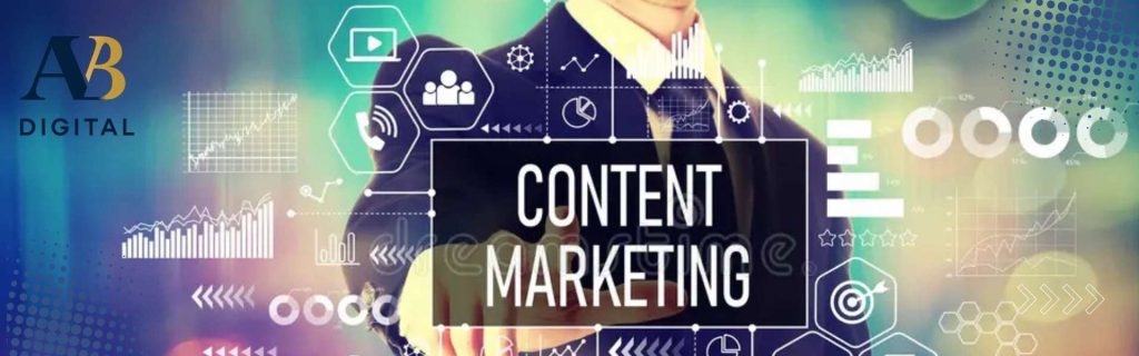 Illustratie van contentmarketing: laptop met het woord 'content', omringd door communicatie-iconen, raket en grafiek, gericht op online groei voor MKB