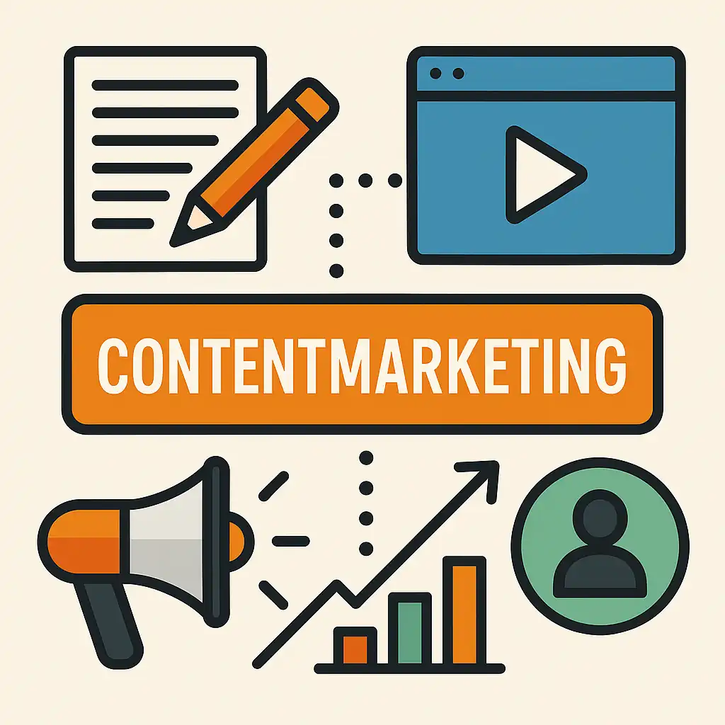 Illustratie van contentmarketing met tekst, video, grafieken en doelgroep