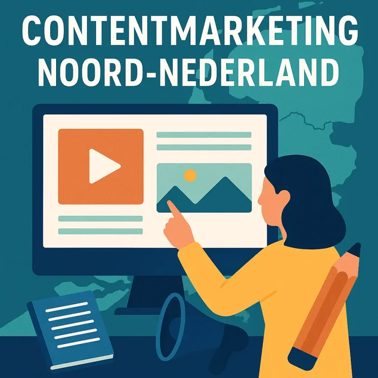 Digitale illustratie van contentmarketing gericht op Noord-Nederland, met focus op strategie en lokale zichtbaarheid.
