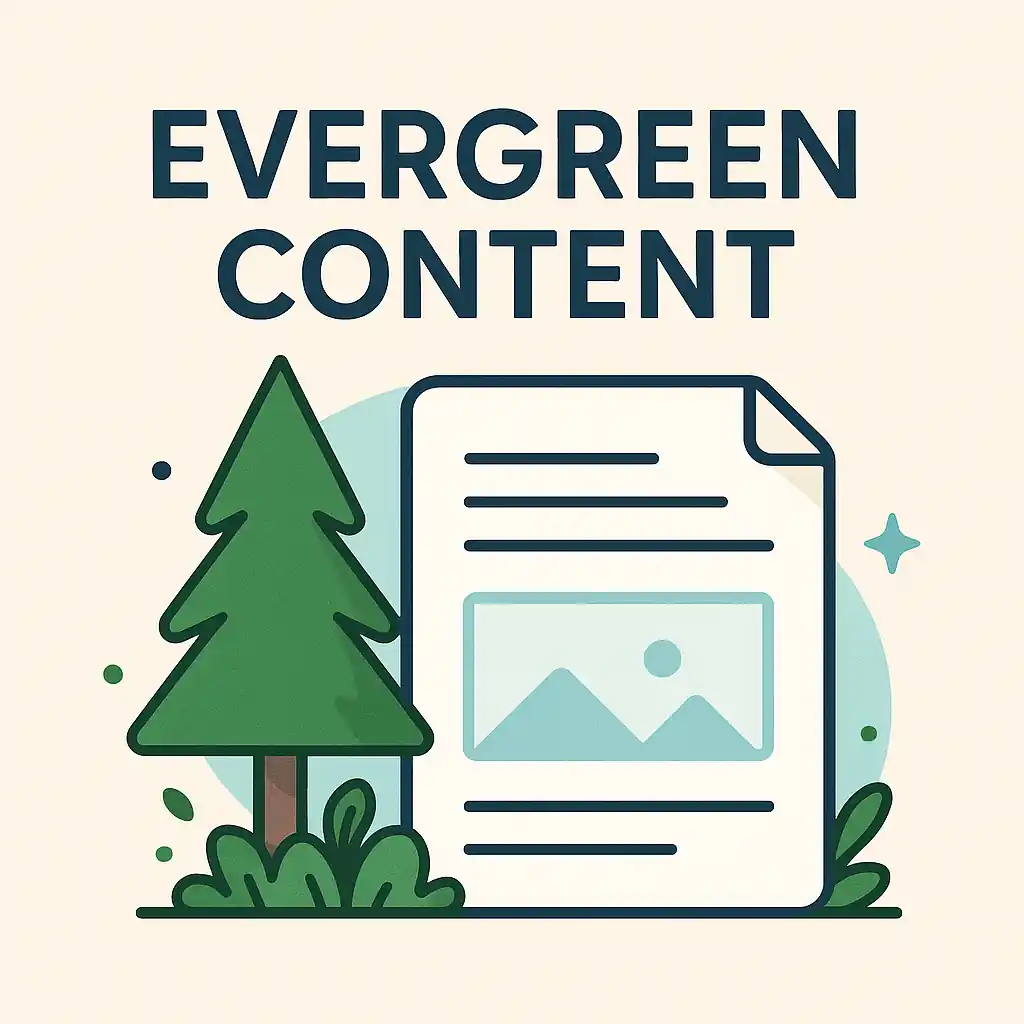 Evergreen content illustratie met dennenboom en tijdloos document — visuele metafoor voor duurzame contentstrategie.