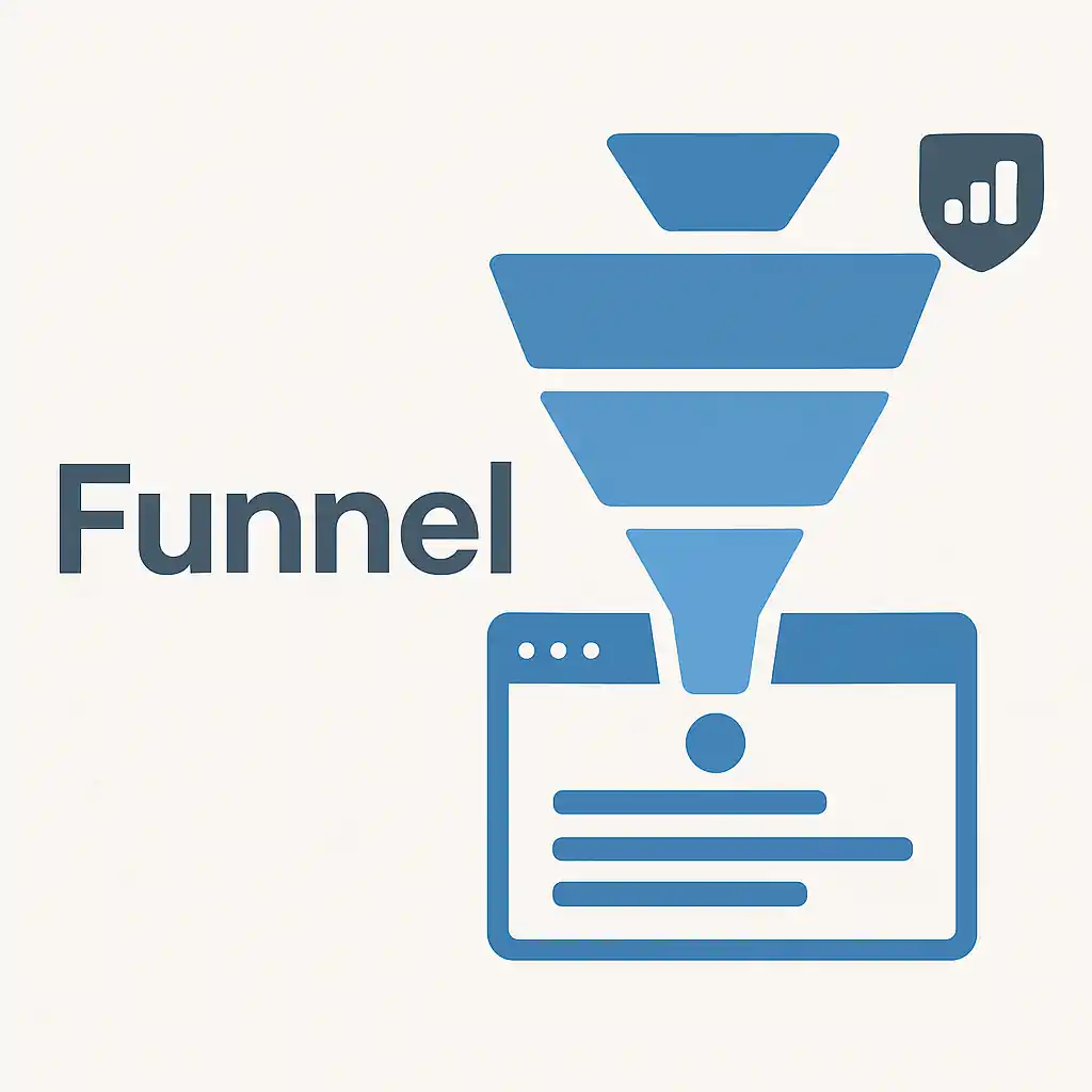 Illustratie van een marketingfunnel in lagen die leiden naar een conversie op een website