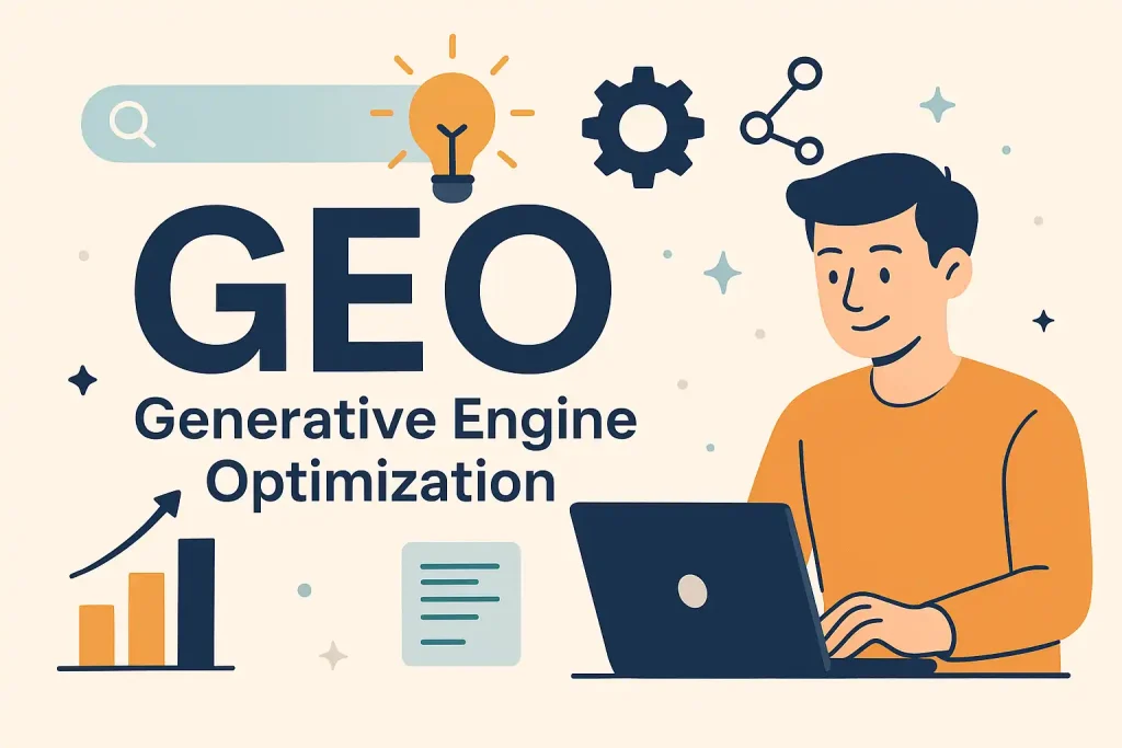 Illustratie van Generative Engine Optimization (GEO) met een ondernemer achter een laptop, grafiek, lampje en AI-iconen – symbool voor online zichtbaarheid in AI-platformen.