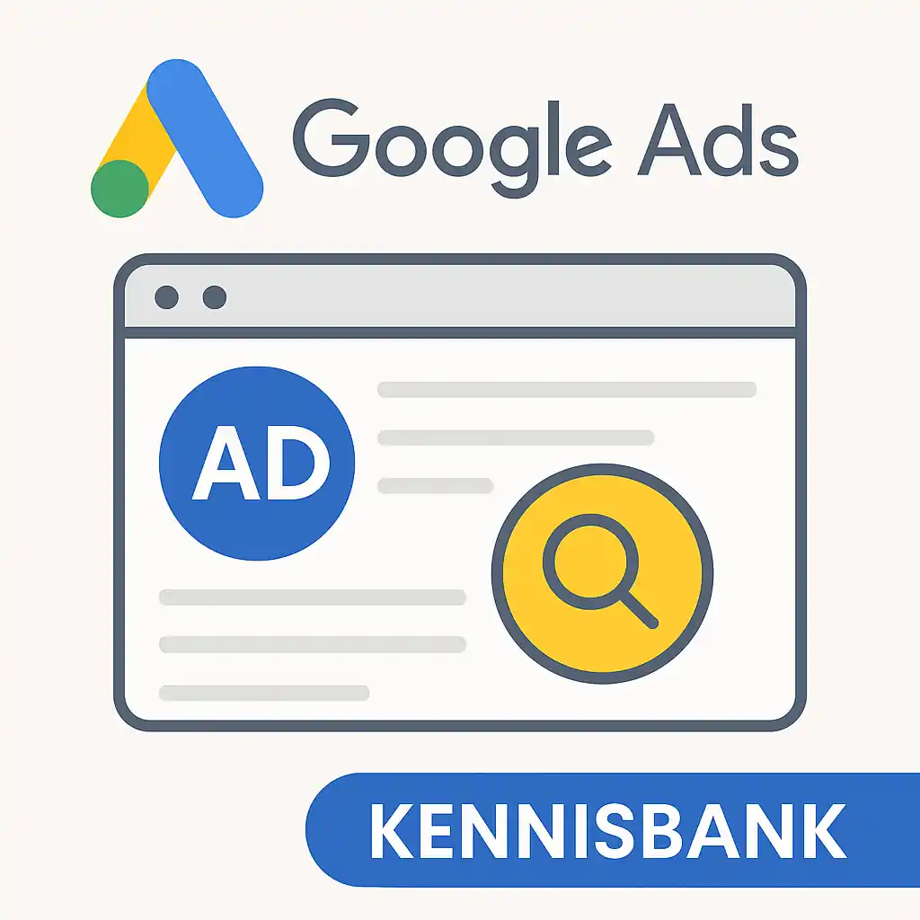 Google Ads logo met illustratie van een zoekadvertentie en het woord ‘KENNISBANK’