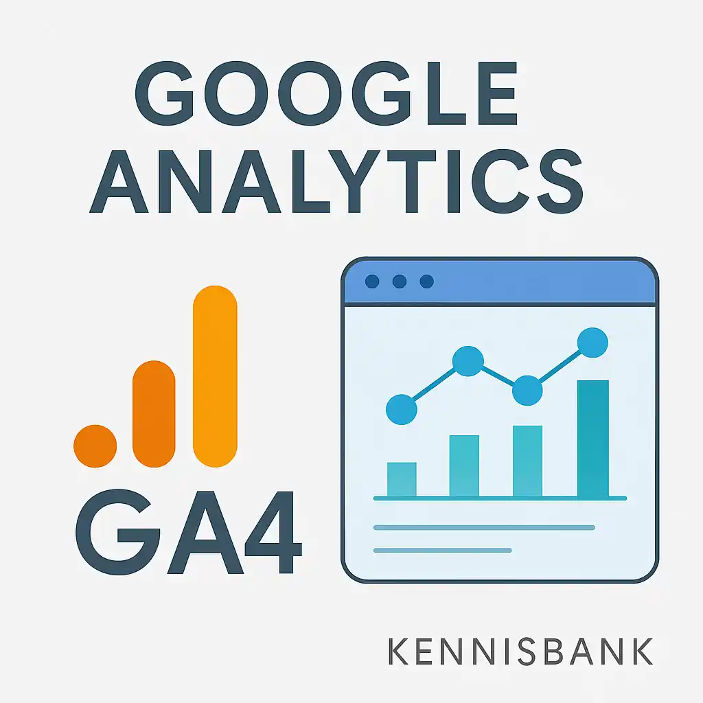 Illustratie van het GA4-logo met grafieken, dashboards en datavisualisaties — visuele metafoor voor inzicht in websitegedrag via Google Analytics.