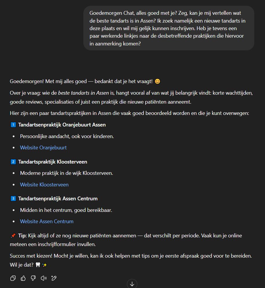 Voorbeeld van Generative Engine Optimization met een AI-antwoord op de vraag beste tandarts in Assen