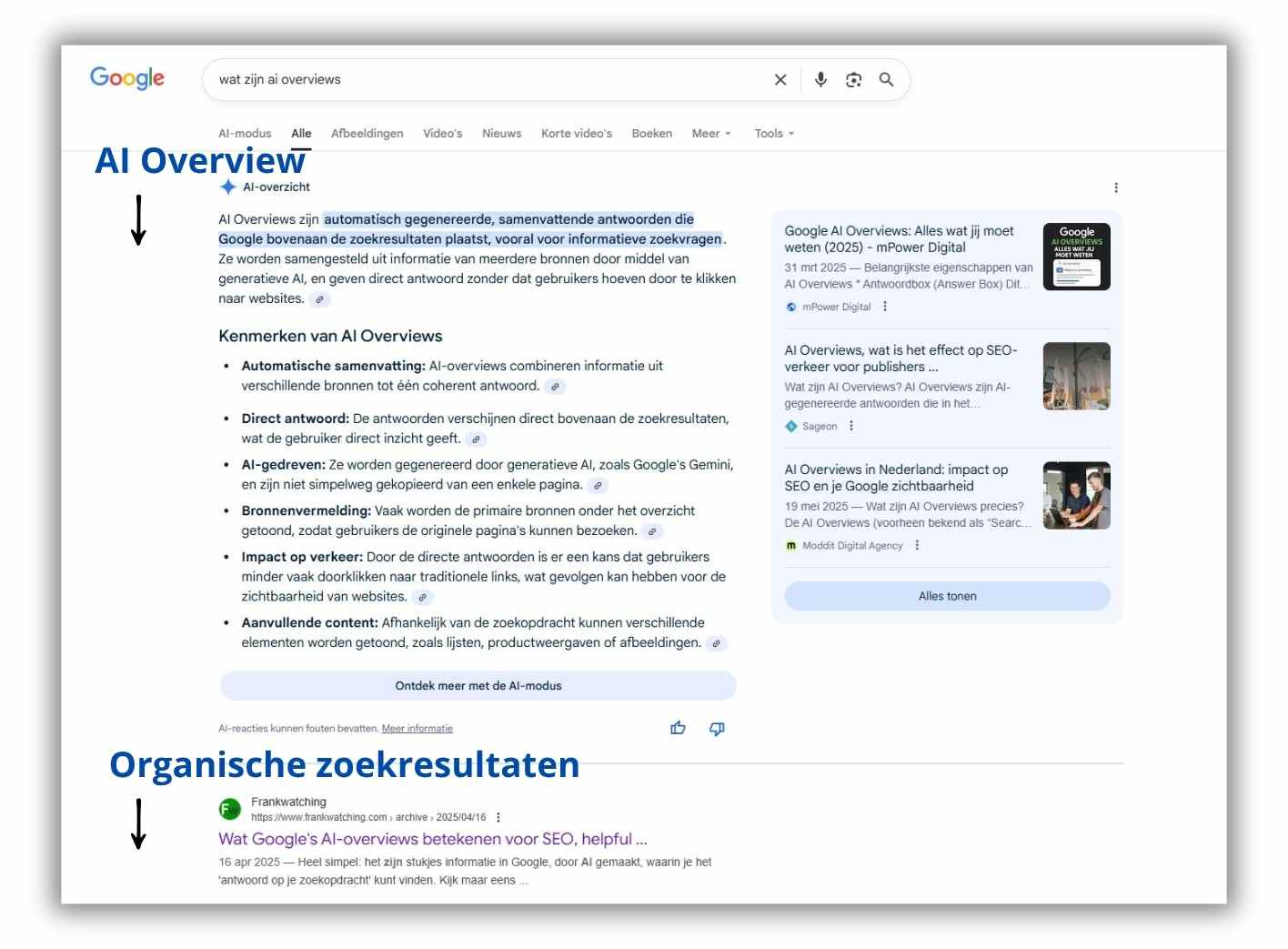 Voorbeeld van Google AI Overviews: AI-samenvatting met bronnen bovenaan de zoekresultaten