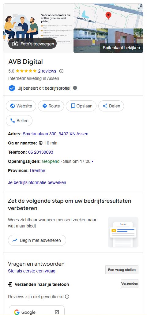 Google Bedrijfsprofielvoorbeeld voor ondernemer in Groningen: bedrijfsprofiel met reviews, route en openingstijden
