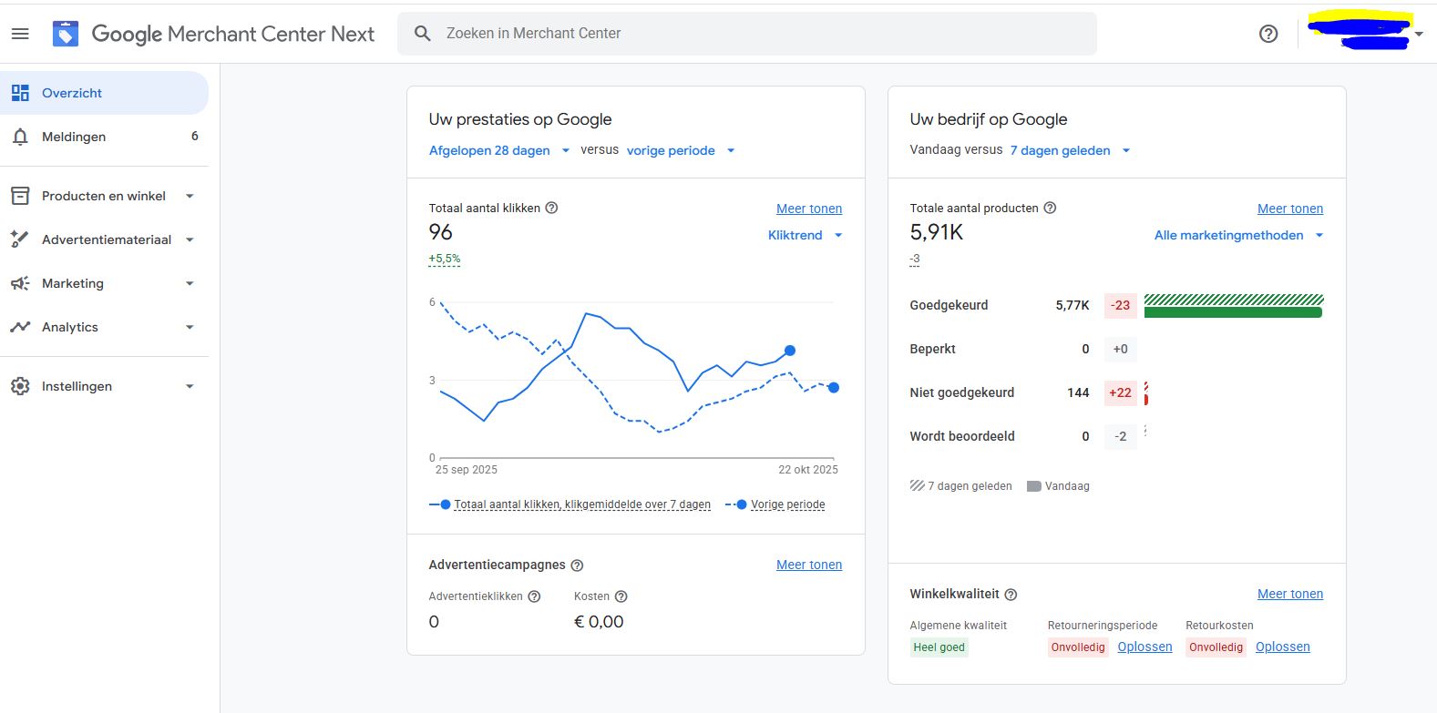Voorbeeld van een echt Merchant Center-account van een AVB Digital-klant met actieve Google Shopping-producten in Noord-Nederland.