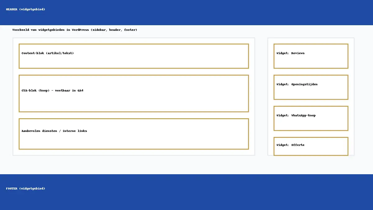 Voorbeeld van WordPress-widgetgebieden: sidebar, footer en header met contactknop en reviews