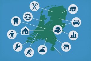 Kaart van Nederland met iconen van verschillende branches zoals zorg, bouw, retail en techniek – symbool voor lokale online groei per branche