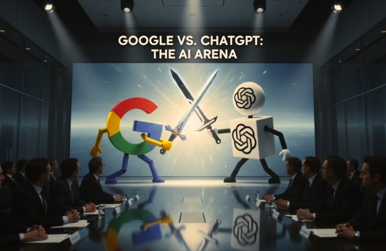 Illustratie van Google en ChatGPT als twee strijdende AI-systemen, symbool voor waarom sommige bedrijven niet worden genoemd door ChatGPT