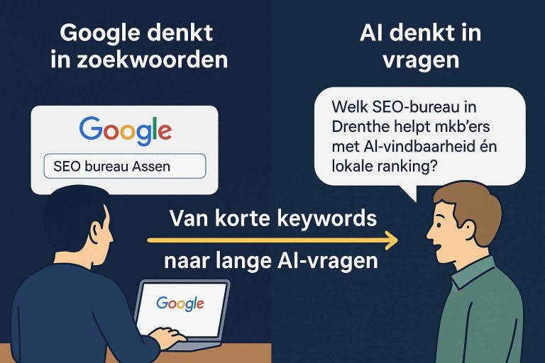 Illustratie die het verschil laat zien tussen korte Google-zoekwoorden en lange AI-vragen in ChatGPT.
