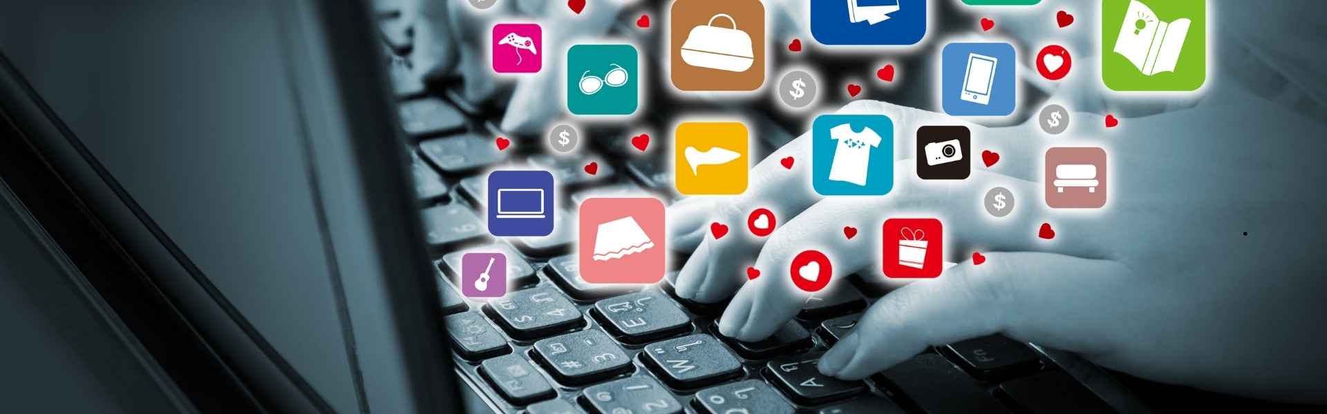 Visuele weergave van mentions en online activiteit op toetsenbord met iconen van sociale media en webwinkels