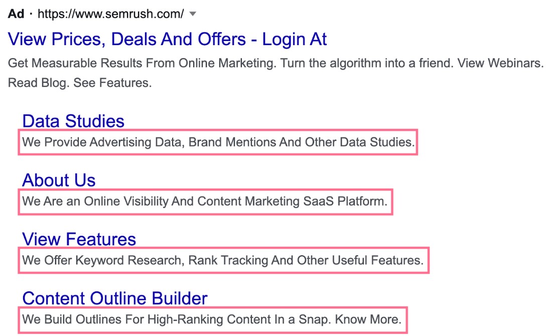 Compact voorbeeld van Google Ads sitelinks in de zoekresultaten voor Semrush