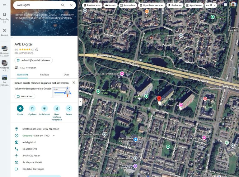Google Maps weergave van AVB Digital met bedrijfsprofiel in Assen
