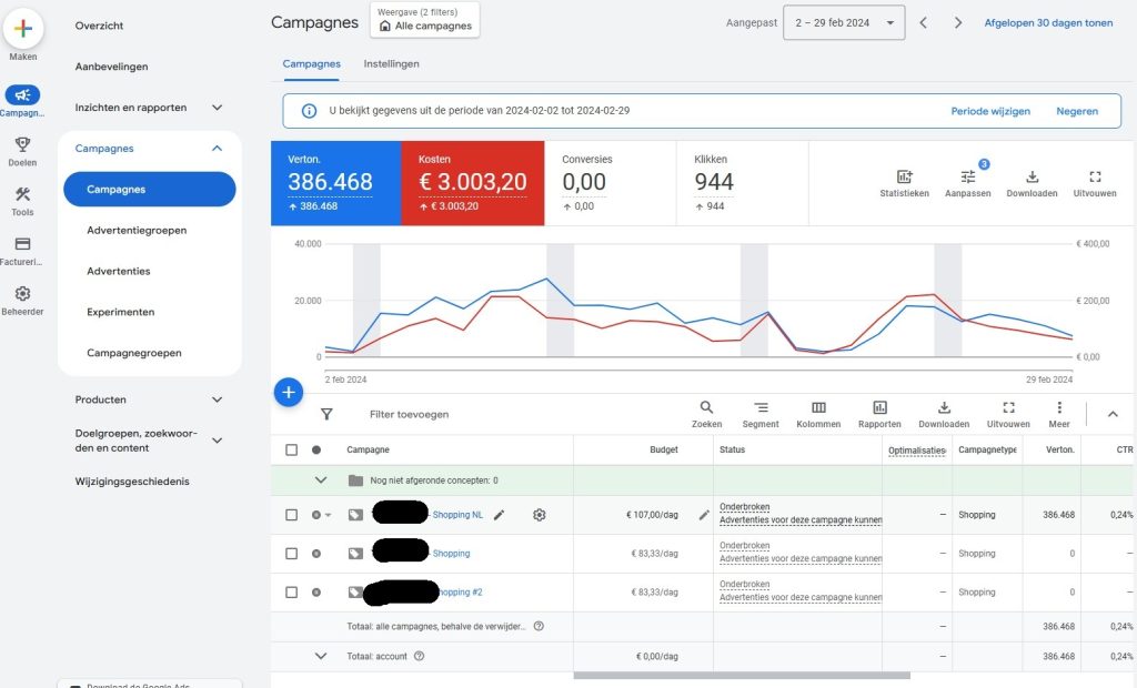 Google Ads dashboard met campagnecijfers, inclusief vertoningen, kosten, klikken en Shopping-campagnes.