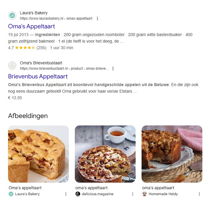 Voorbeeld van rich snippets in Google met sterrenbeoordelingen, prijzen en afbeeldingen bij zoekresultaten voor appeltaart