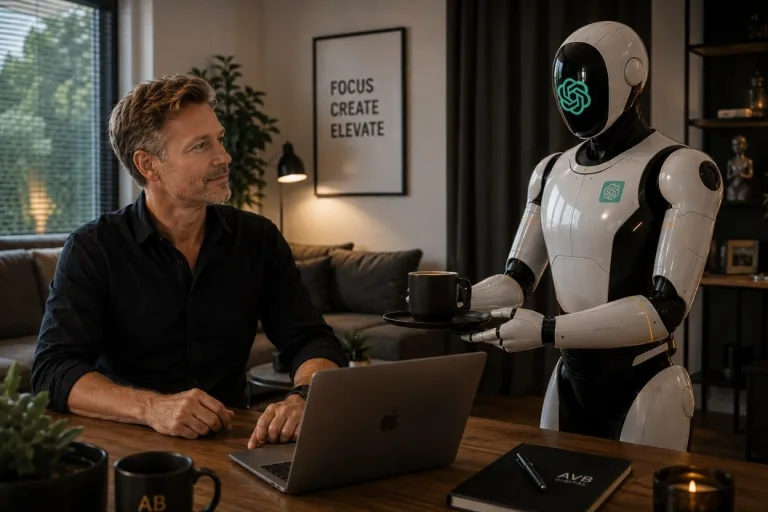 Man in gesprek met een humanoïde ChatGPT-robot die koffie serveert in een toekomstig slim huis