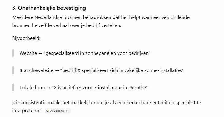 Citation in ChatGPT van AVB Digital als bron over AI-vindbaarheid